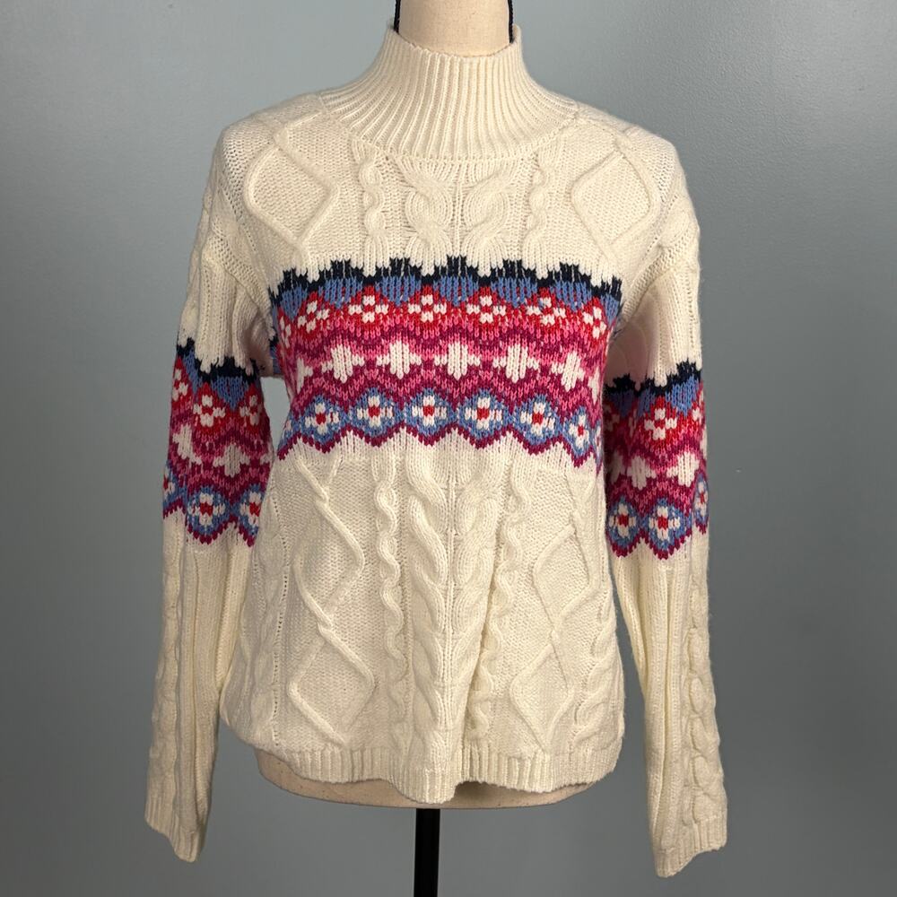 Fair Isle Nordic Sweater Petite XL NWT Vintage Style Cable Knit Mock Neck